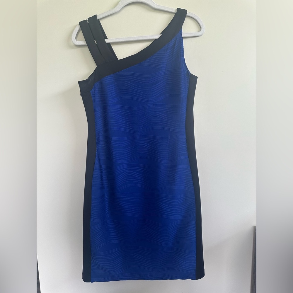 8/$20 Enfocus Studio Blue One Shoulder Sheath Midi Dress size 10 PTP 17